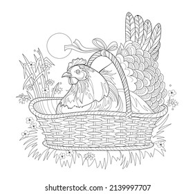 Cute hen sitting in basket. Coloring book for children and adults. Image in zen-tangle style. Printable page for drawing and meditation. Easter illustration. Black and white vector. 