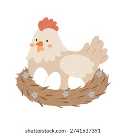 Cute hen sitting on eggs in cozy nest. Scandinavian minimalism illustration in soft pastel tones. Sweet farm animal character with nordic aesthetic, perfect for nursery decor and prints.