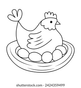 Cute hen sitting on nest with eggs. Doodle chubby chicken. Vector linear illustration.