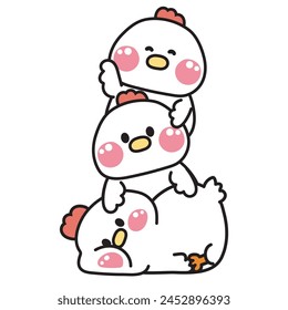 Cute hen stay on top each other greeting.Farm chicken animal character cartoon design.Image for card,poster,sticker,baby clothing,t shirt print screen.Relax.Lay.Kawaii.Vector.Illustration.