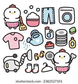 Cute hen with vatious icon in housework concept.Farm animal character cartoon collection.Chicken ahnd drawn.Clean.Home.Kawaii.Vector.Illustration.