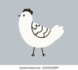 Cute hen walking, Scandinavian doodle style. Adorable funny chicken, farm bird. Feathered poultry. Scandi childish kids rural countryside flat vector illustration