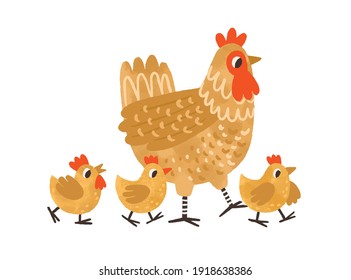 Cute Hen Walking With Yellow Chicken. Funny Mom And Three Baby Birds. Colorful Textured Flat Vector Illustration Isolated On White Background.