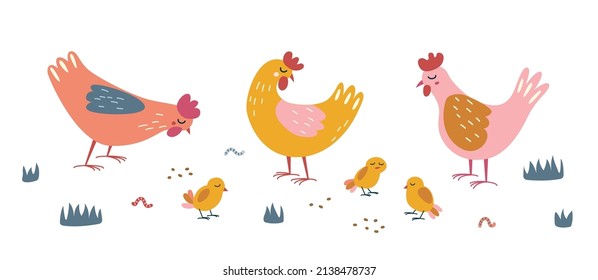 Cute hens with chickens in the meadow. Vector illustration.