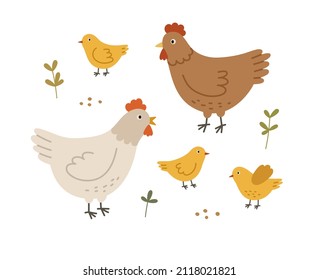 Cute hens and chickens in various poses with grains. Hand-drawn vector poultry, isolated on white background. Spring season concept, Easter, nature.