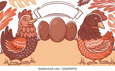 Cute hens with eggs, hand drawn vector illustration for label for eggs cartoon