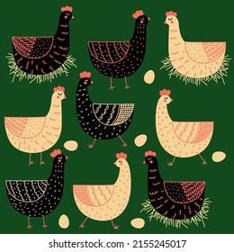 Cute hens. Hand drawn vector illustration for fabric print, wrapping paper, wallpaper, greeting card, kitchen decoration.