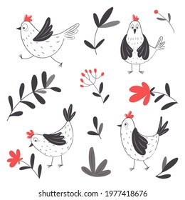 Cute hens and plant elements in cartoon style.
