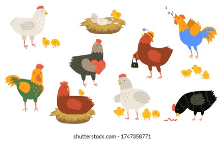 Cute hens and roosters flat icon set. Cartoon chicken singing, eating worm, sitting in nest isolated vector illustration collection. Funny domestic birds, farm and poultry concept