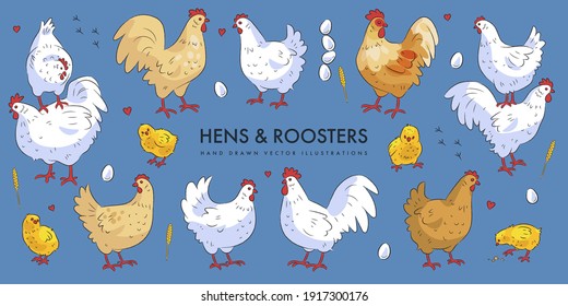 Cute hens and roosters set. Vector illustration