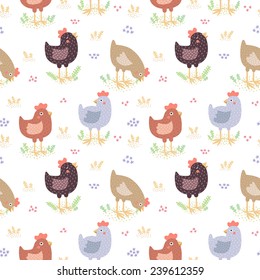 Cute hens vector seamless pattern (pastel colors)
