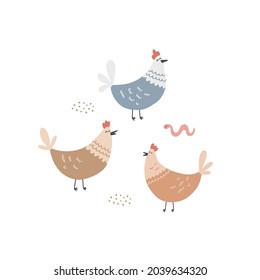 Cute hens and a worm in the barnyard. Hand drawn vector illustration for kids design.