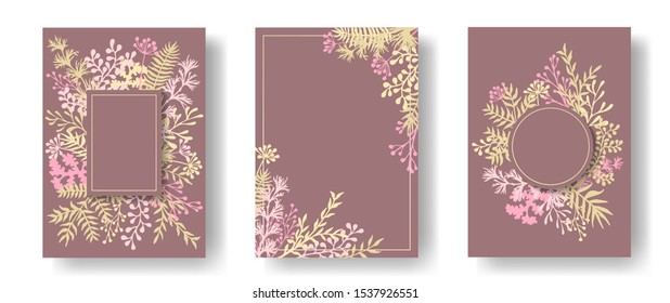 Cute herb twigs, tree branches, flowers floral invitation cards templates. Plants borders rustic cards design with dandelion flowers, fern, lichen, olive branches, sage twigs.