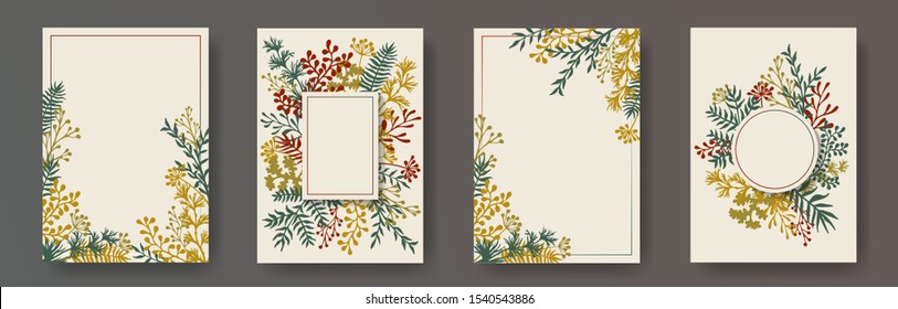 Cute herb twigs, tree branches, flowers floral invitation cards templates. Plants borders creative invitation cards with dandelion flowers, fern, lichen, olive branches, savory twigs.