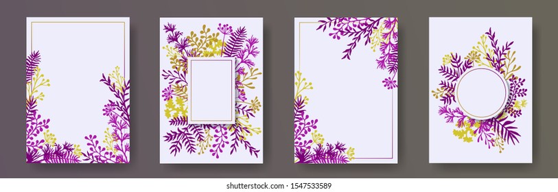 Cute herb twigs, tree branches, leaves floral invitation cards set. Plants borders romantic cards design with dandelion flowers, fern, lichen, olive branches, sage twigs.