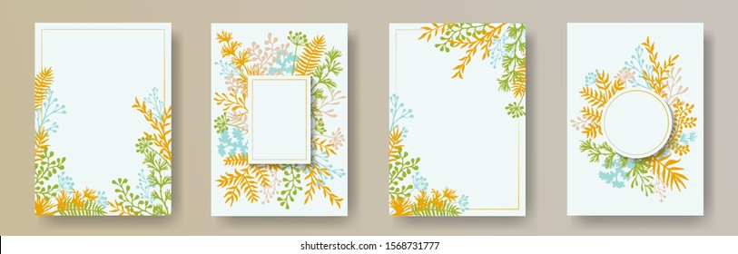 Cute herb twigs, tree branches, flowers floral invitation cards templates. Plants borders vintage invitation cards with dandelion flowers, fern, lichen, olive tree leaves, savory twigs.