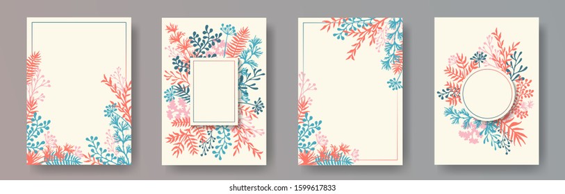 Cute herb twigs, tree branches, leaves floral invitation cards collection. Plants borders romantic cards design with dandelion flowers, fern, mistletoe, eucalyptus leaves, sage twigs.