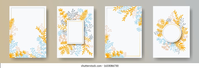 Cute herb twigs, tree branches, flowers floral invitation cards templates. Herbal frames romantic invitation cards with dandelion flowers, fern, lichen, olive tree leaves, savory twigs.