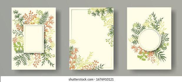 Cute herb twigs, tree branches, flowers floral invitation cards set. Plants borders rustic cards design with dandelion flowers, fern, lichen, olive branches, sage twigs.