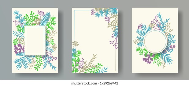 Cute herb twigs, tree branches, flowers floral invitation cards collection. Plants borders rustic invitation cards with dandelion flowers, fern, mistletoe, olive tree leaves, savory twigs.