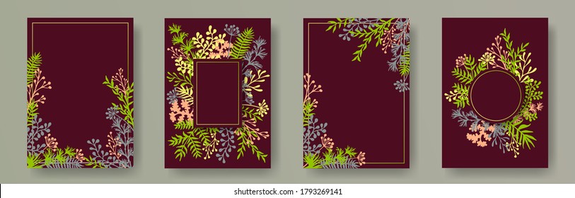 Cute herb twigs, tree branches, flowers floral invitation cards collection. Herbal corners vintage cards design with dandelion flowers, fern, lichen, eucalyptus leaves, savory twigs.