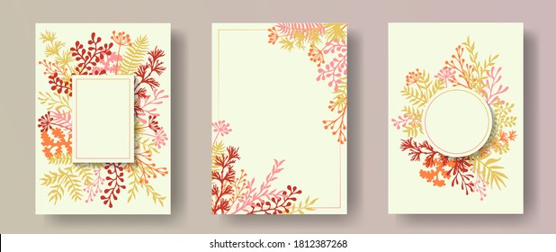 Cute herb twigs, tree branches, flowers floral invitation cards set. Herbal corners retro invitation cards with dandelion flowers, fern, lichen, olive tree leaves, sage twigs.