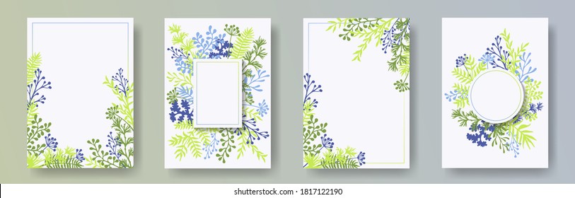 Cute herb twigs, tree branches, leaves floral invitation cards set. Bouquet wreath vintage cards design with dandelion flowers, fern, lichen, olive tree leaves, sage twigs.