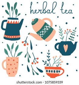 Cute herbal Tea set. Vector collection of hand drawn doodle tea illustration. Tea Pots,  Cups and Leaves