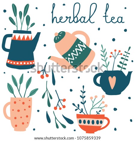 Cute herbal Tea set. Vector collection of hand drawn doodle tea illustration. Tea Pots,  Cups and Leaves