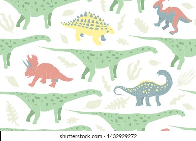 Cute herbivorous dinosaur seamless pattern. Prehistoric animals. Cartoon illustration for textile, wrapping, wallpapers for kids