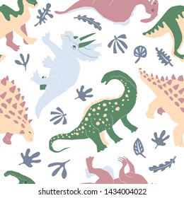 Cute herbivorous dinosaur seamless pattern. Dino flat handdrawn clipart. Prehistoric animals. Cartoon illustration for textile, wrapping, wallpapers for kids