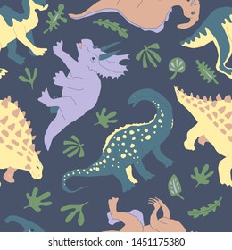 Cute herbivorous dinosaur seamless pattern. Dino flat handdrawn clipart. Prehistoric animals. Cartoon illustration for textile, wrapping, wallpapers for kids