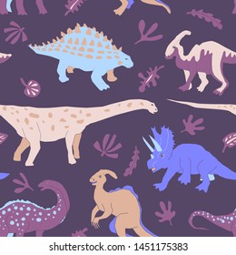 Cute herbivorous dinosaur seamless pattern. Dino flat handdrawn clipart. Prehistoric animals. Cartoon illustration for textile, wrapping, wallpapers for kids