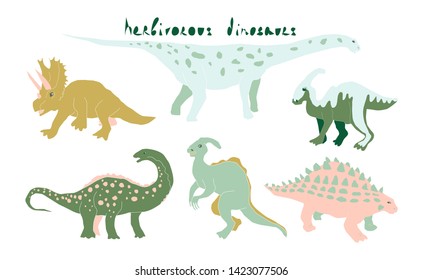 Cute herbivorous dinosaur vector collection. Dino flat handdrawn clipart. Prehistoric animals. Isolated cartoon illustration for kids game, books, t-shirt.