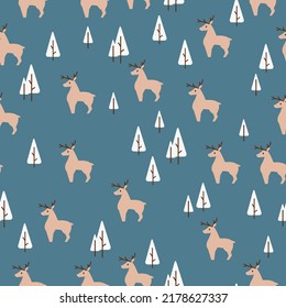 Cute Herd of Deer and Pine Tree Forest Vector Seamless Pattern can be use for background and apparel design