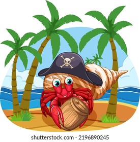 Cute hermit crab cartoon character at the beach illustration