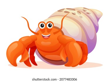 Cute hermit crab cartoon illustration isolated white background