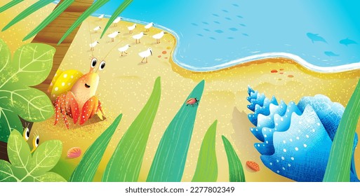 Cute Hermit Crab Finds big shell tropical beach  Cute book illustration for kids and sea creatures   shells  Seascape cartoon for children and crab character  Vector drawing 