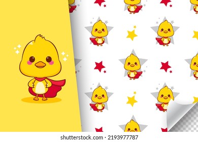 Cute hero duck cartoon character seamless pattern illustration