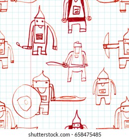 Cute hero hand drawn with red ink on math paper background. Boy hero seamless pattern for textile or wrapping paper.