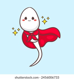 Cute hero sperm with red cloak cartoon character. Health concept design. Vector art illustration