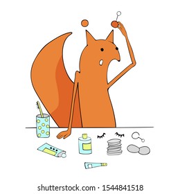 cute heroine squirrel or fox washes off, removes makeup and gets ready for bed
sleepy cartoon character yawns vector illustration on a white background, isolated