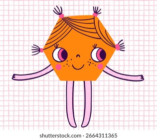 Personagem infantil hexágono bonito, forma geométrica vetorial com face kawaii para matemática recursos educacionais e jogos