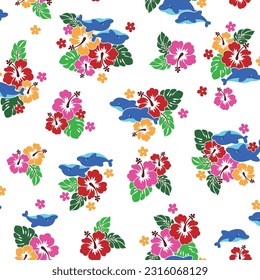 Cute hibiscus and dolphin pattern suitable for textiles,