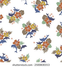 Cute hibiscus and dolphin pattern suitable for textiles,