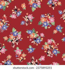 Cute hibiscus and hula dancer seamless pattern,