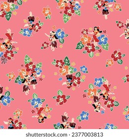 Cute hibiscus and hula dancer seamless pattern,