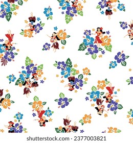 Cute hibiscus and hula dancer seamless pattern,