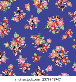 Cute hibiscus and hula dancer seamless pattern,