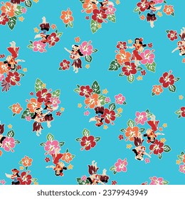 Cute hibiscus and hula dancer seamless pattern,